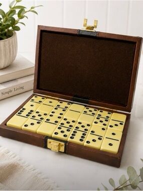 VTG Complete Set of 28 Double Six Dominos Tiles Faux Leather Case Travel Compact
